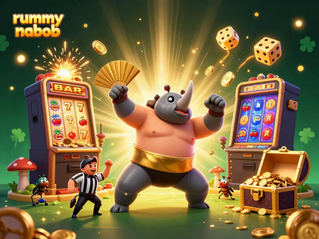 Rummy Nabob menyajikan juara kejuaraan sumo keledai yang memukau dengan efek koin berkilau dan mesin slot yang menarik.