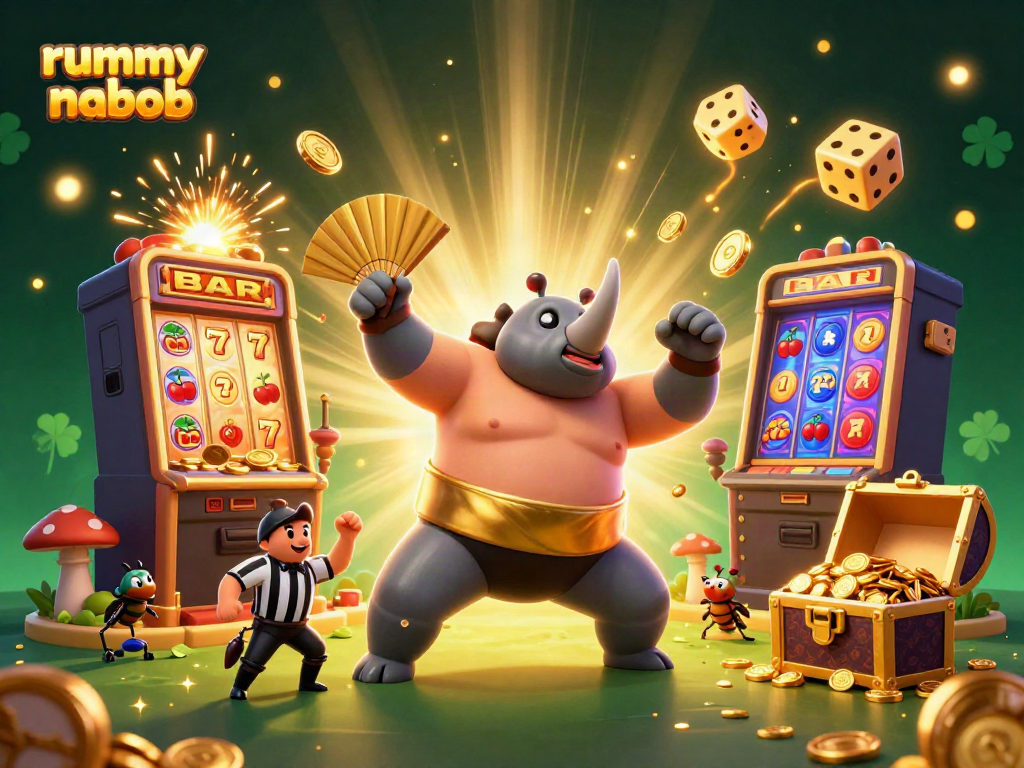 Rummy Nabob menyajikan juara kejuaraan sumo keledai yang memukau dengan efek koin berkilau dan mesin slot yang menarik.