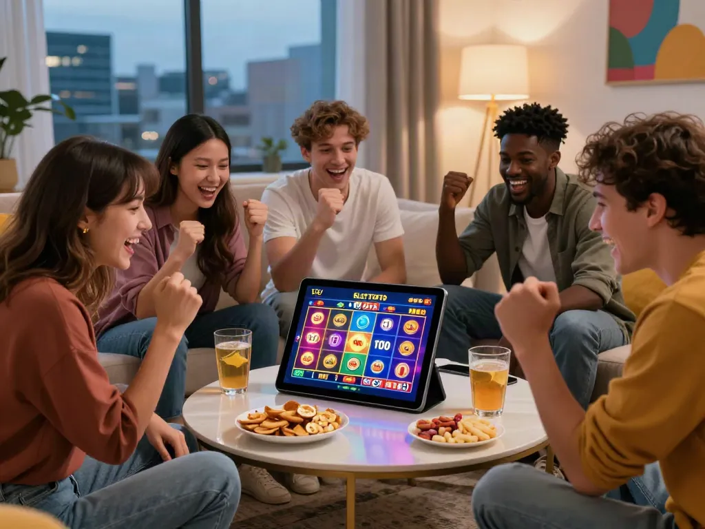 Engaging SLOT TOTO gaming experience with friends celebrating wins in a cozy living room.