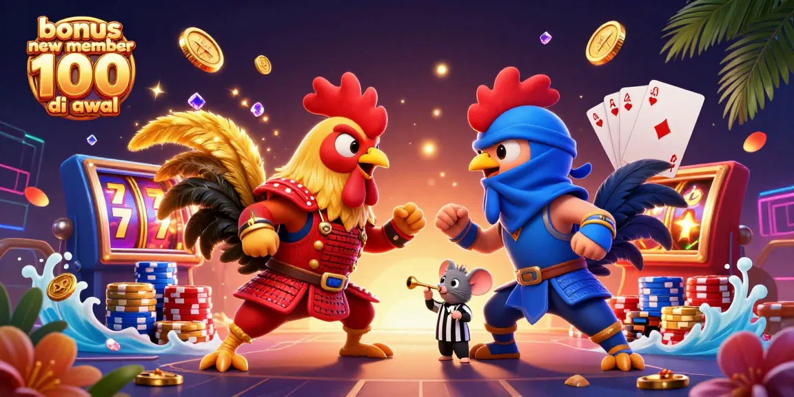 Engage with bonus new member 100 di awal featuring dynamic fighting roosters in a thrilling casino scene.