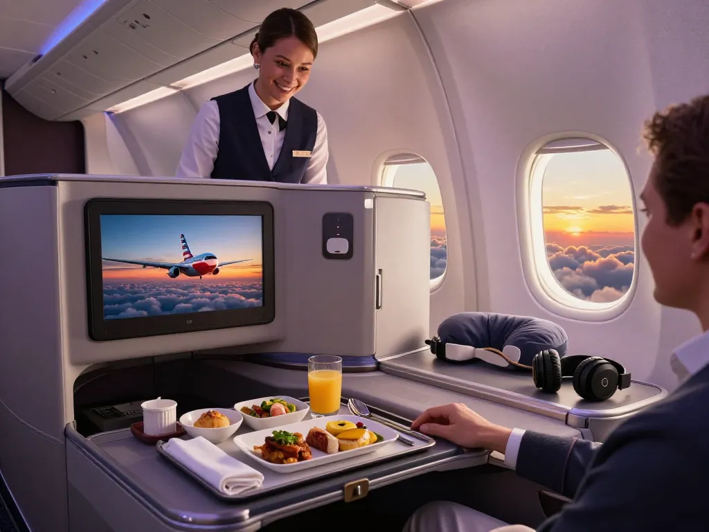Passenger enjoying luxurious service on American Airlines 789P Dreamliner cabin.