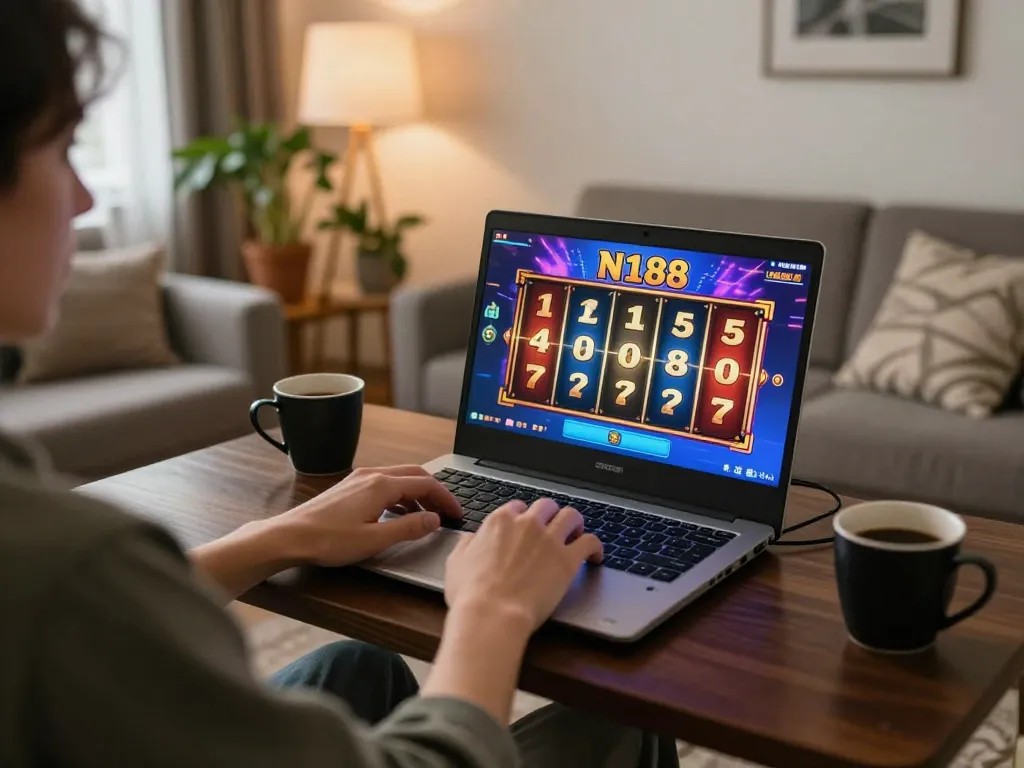 N188 player enjoying a slot game in a cozy living room, showcasing online gambling experience.