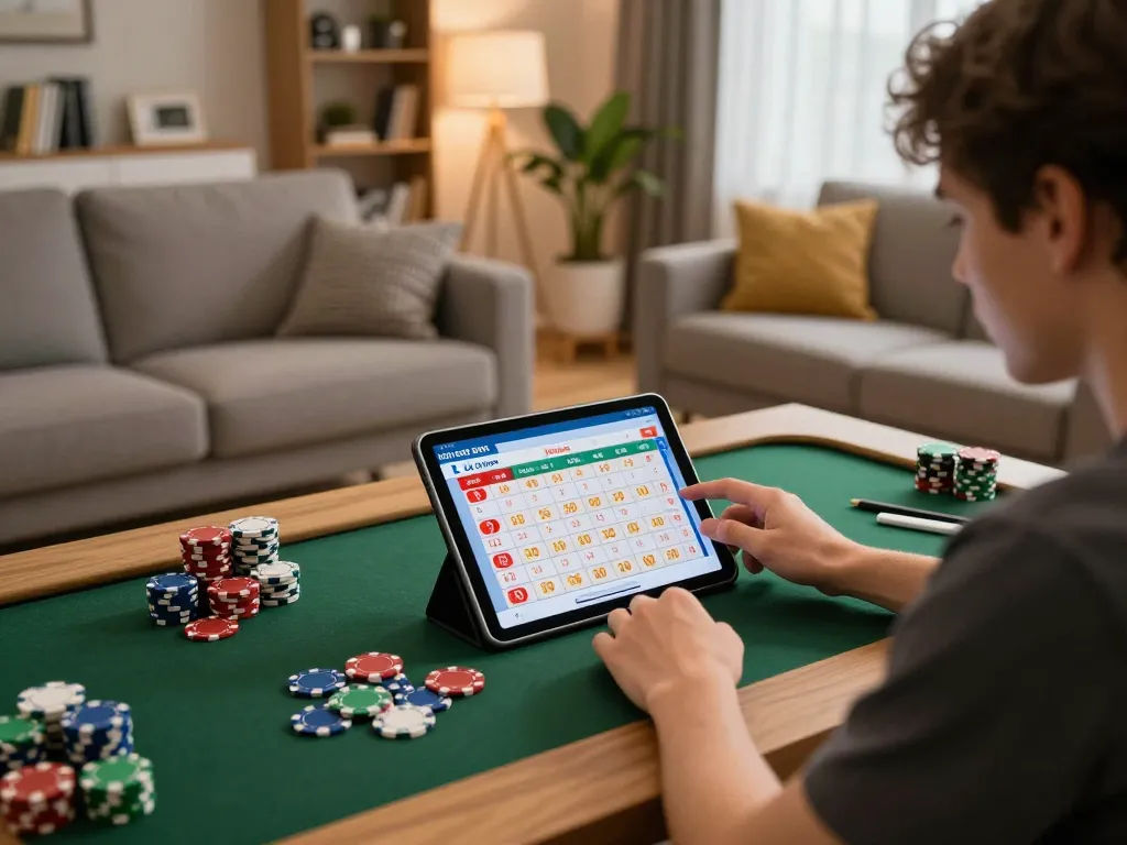 Lô đề online gaming action in a cozy home environment, showcasing betting interface on tablet with atmosphere