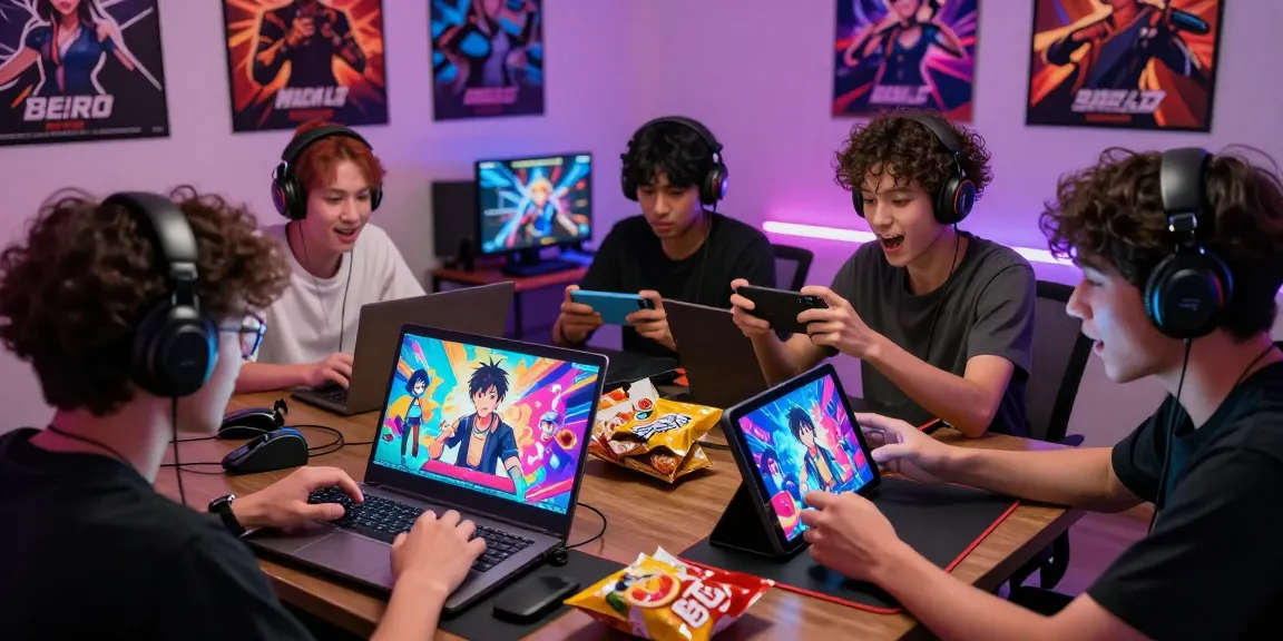 Players immersed in ecchi game action on various devices in a vibrant gaming setup.
