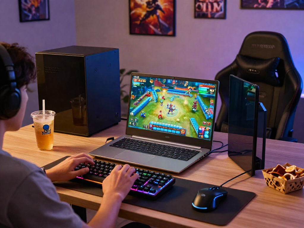 Pengaturan gaming modern dengan mesinmpo, gamer bermain Mahjong Ways 2 di laptop.