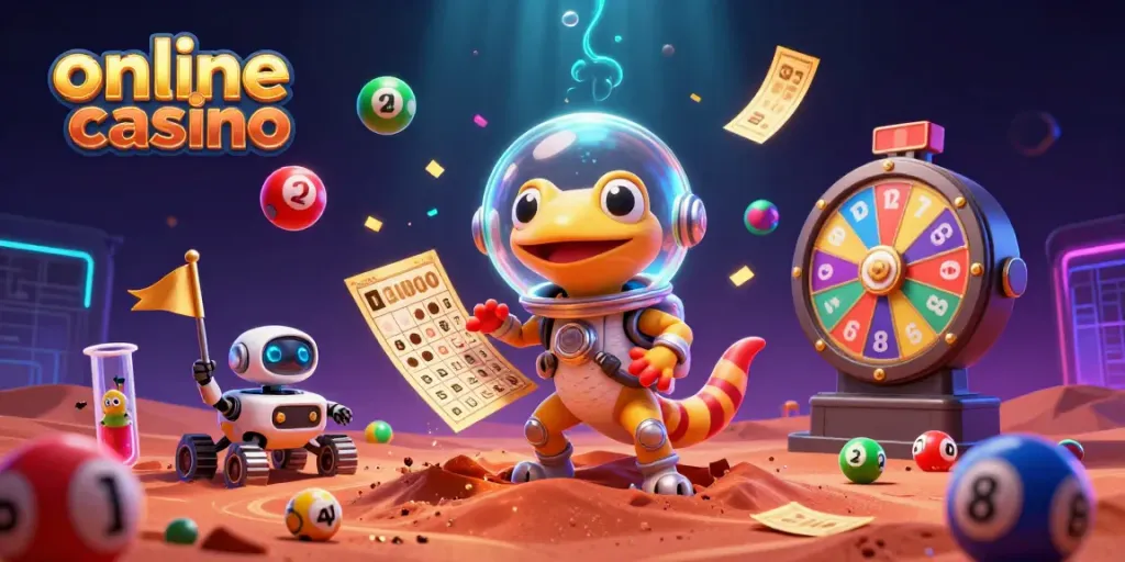 Experience the excitement of an online casino through 3D illustration featuring vibrant games and alien characters.