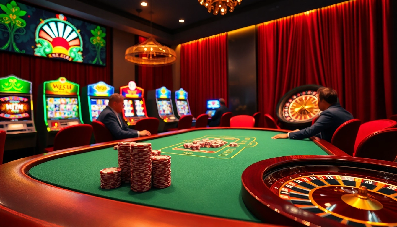 Engaging table game scene showcasing 78WIN poker excitement with vibrant chips and a roulette wheel.