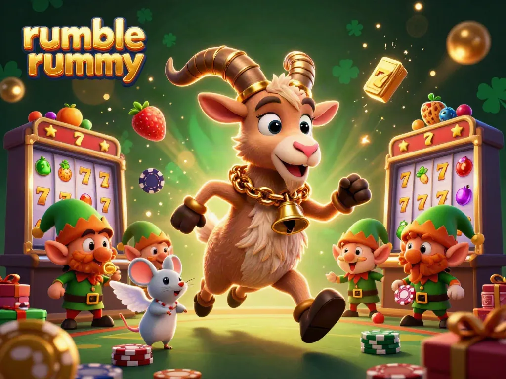 Experience rumble rummy with a festive Krampus goat overseeing a vibrant casino scene filled with excitement.