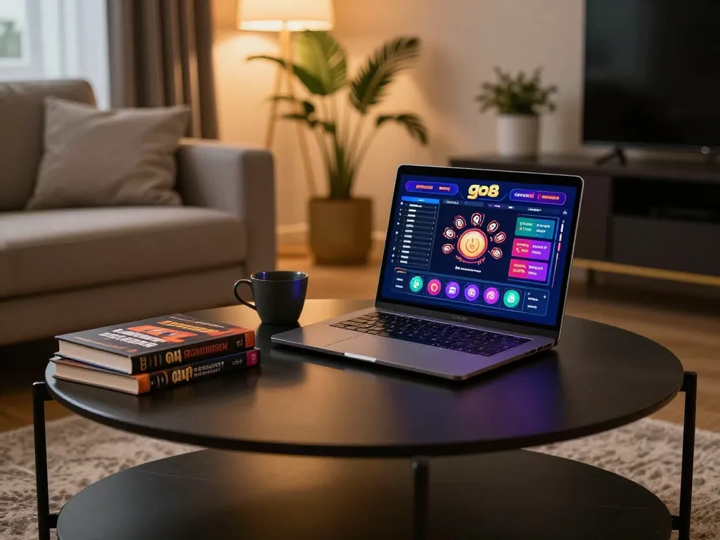 Engaging in online gaming at go8 with a stylish laptop in a cozy living room environment