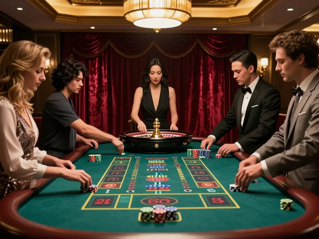 Experience the thrill of betting at megaplus88 with players engaged at a roulette table, capturing excitement and luxury.