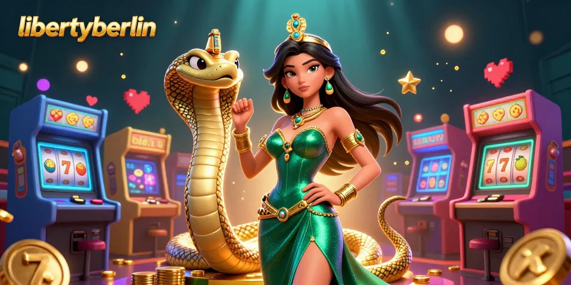 Spin the reels and win at libertyberlin with a stunning emerald-dressed woman and golden cobra.