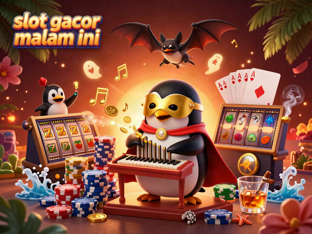Slot gacor malam ini dalam ilustrasi 3D dengan penguin bermain organ yang mengeluarkan koin emas.