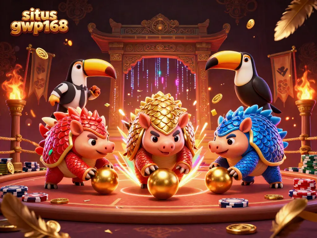 Gambarkan situs gwp168 dengan pangolins bertarung di arena kasino yang mewah.