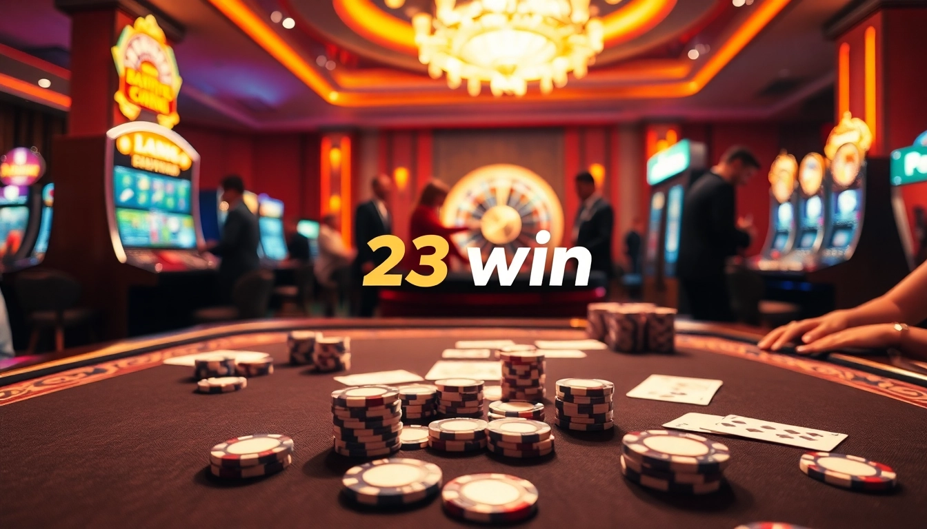 Players engage in exciting casino games at 23win, featuring poker chips and a roulette wheel.