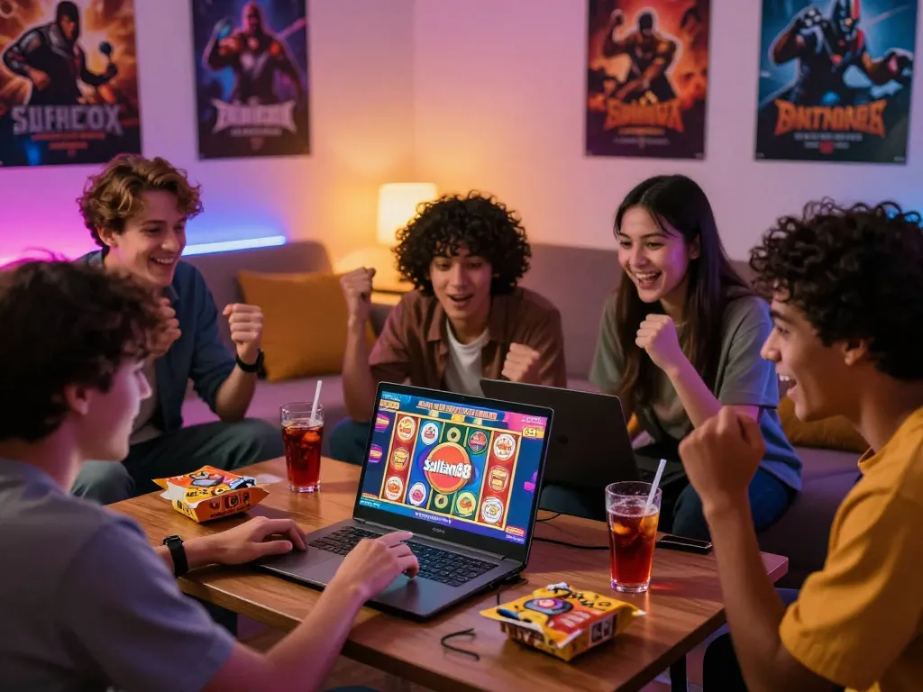 Exciting gaming scene featuring friends enjoying sultan88 online slots at home, surrounded by colorful LED lights and energetic atmosphere.