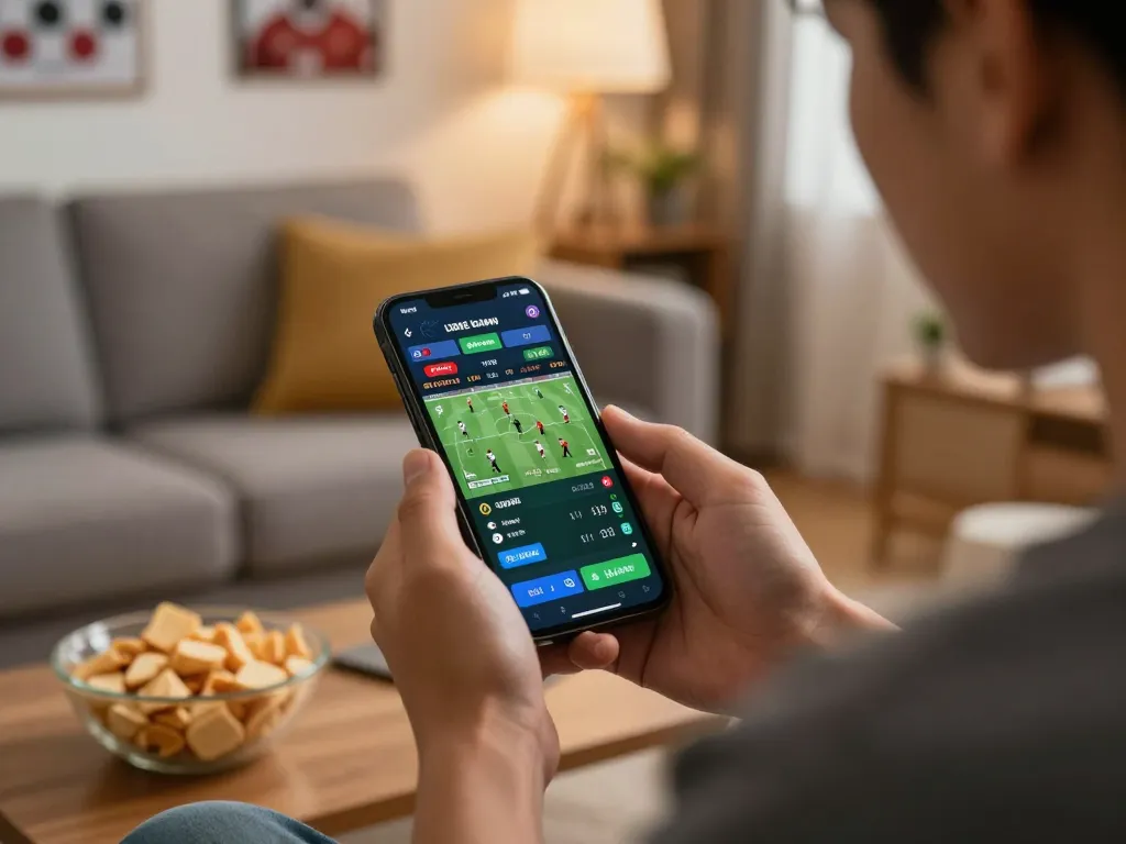 Engaging in mpo sport betting through an app, highlighting live odds and match scores in a cozy setting.
