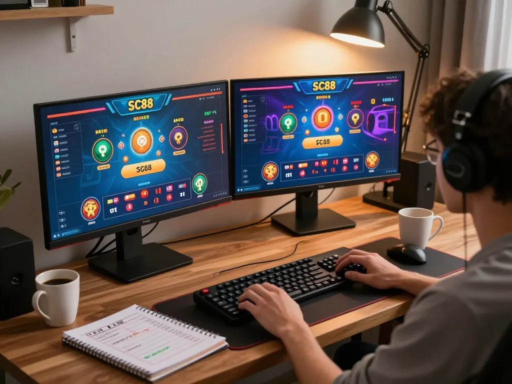 Engaging SC88 online gaming action with vibrant displays and strategy notes in a stylish home setup.