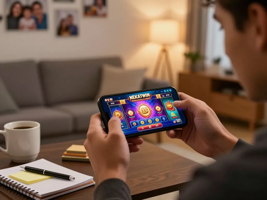 Engaging mobile gameplay on situs gacor nekatwin in a cozy home setting, showcasing strategic betting.