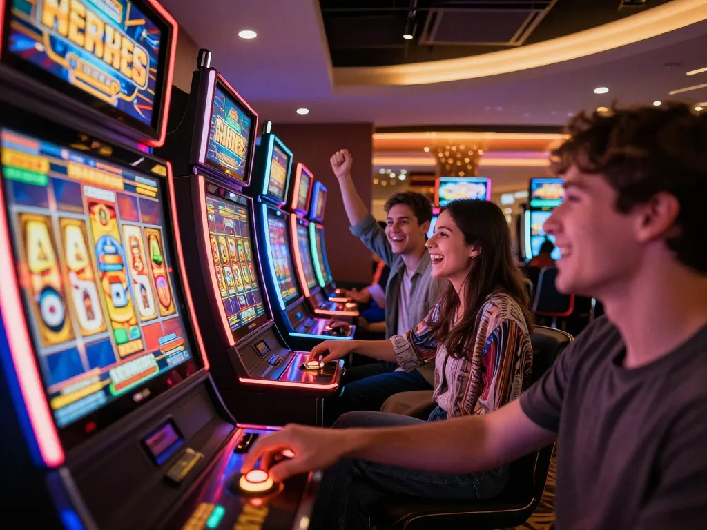Players celebrating a win at rr88's vibrant slot machines, showcasing excitement in a modern gaming lounge.