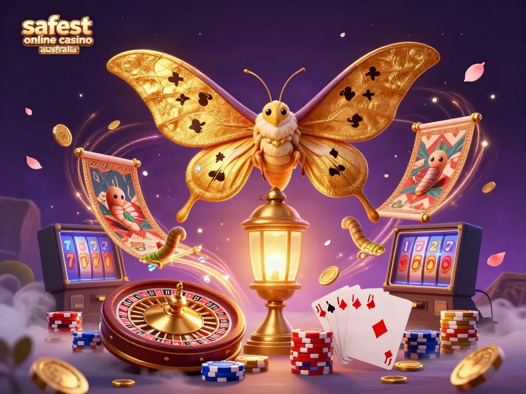 Engage with the safest online casino Australia illustrated by a vibrant, cartoonish casino-themed scene featuring iconic gaming elements.