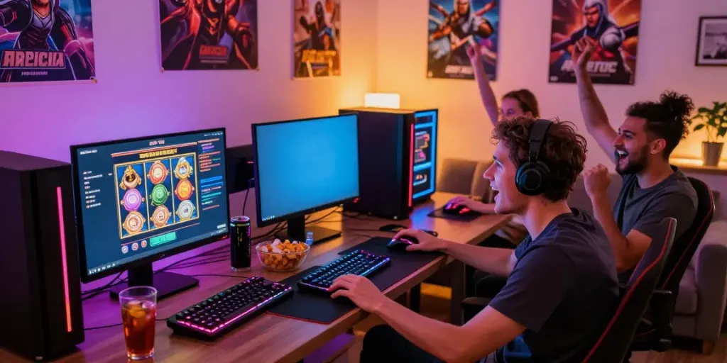 Group enjoying a slot gacor gaming session in a cozy living room, showcasing excitement and interactive fun.