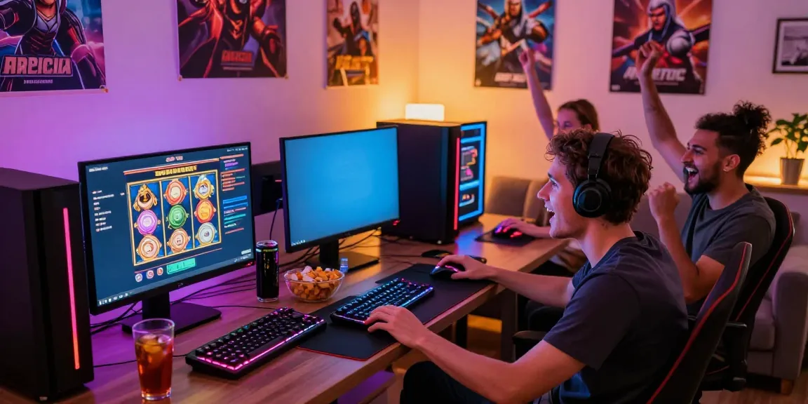 Group enjoying a slot gacor gaming session in a cozy living room, showcasing excitement and interactive fun.