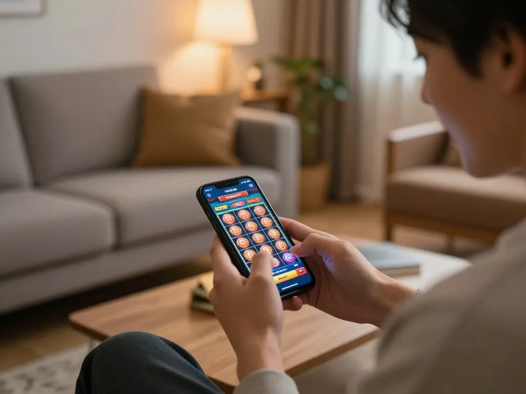 Engaged user playing slots on mobile at home with excitement as they explore tr88 trang chủ