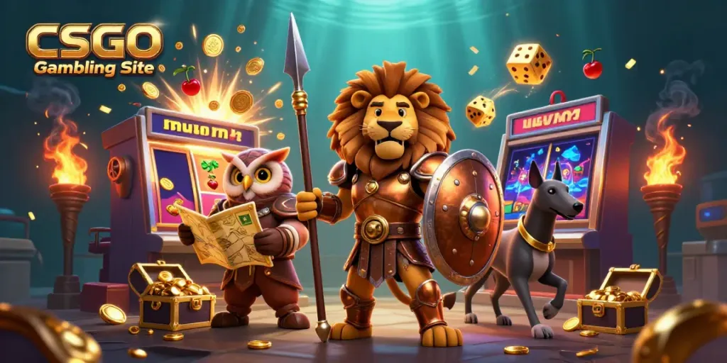 Experience the thrill of CSGO Gambling Site with a vibrant 3D scene featuring characters and casino elements.