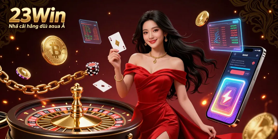 Win big at 23Win Nhà cái hàng đầu châu Á in a vibrant casino scene with a beautiful dealer.