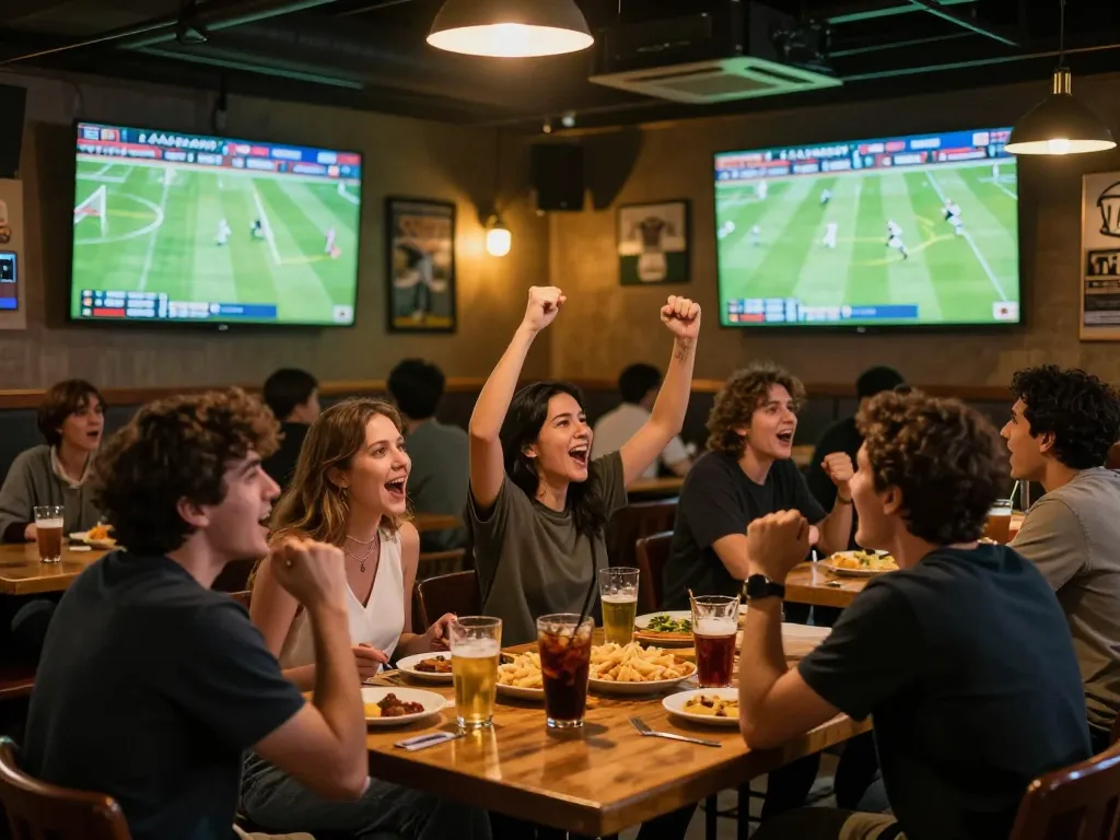 Excited fans enjoying Trực tiếp bóng đá CakhiaTV at a lively sports bar, cheering for their teams.