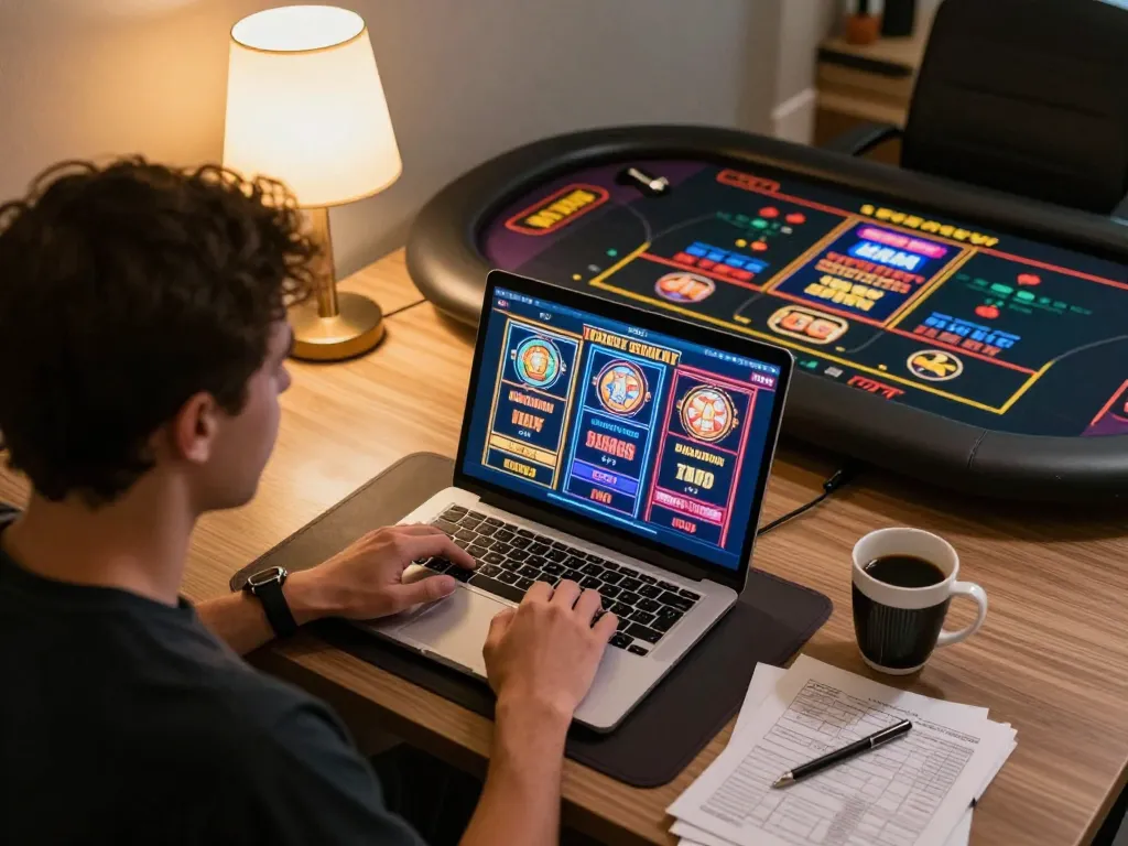 Engaged player at ho88 spins online slots, showcasing vibrant gaming interface and strategy notes.