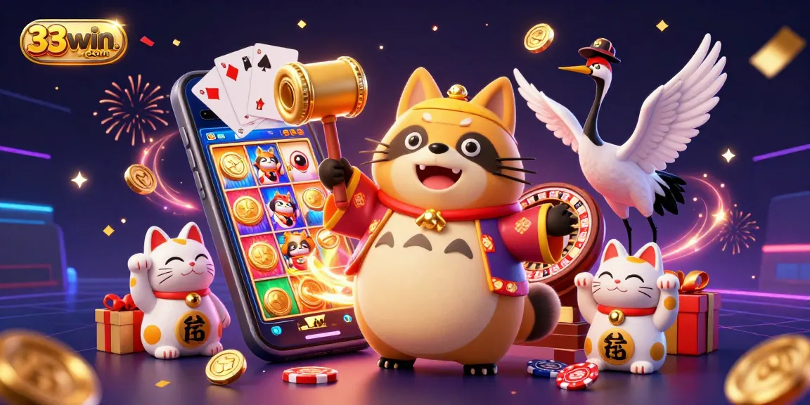 Experience the excitement of 33win. com with vibrant cartoon characters celebrating casino gaming.