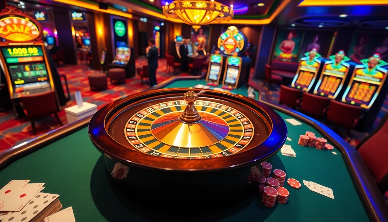 Experience the thrill of rr99 with an exciting casino scene featuring a roulette wheel and poker table.
