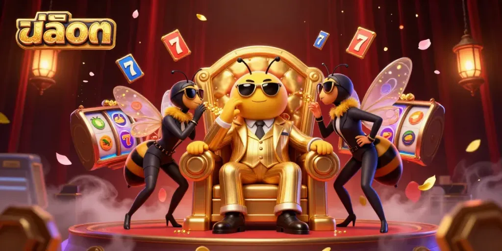 Engaging casino scene with สล็อต theme, featuring a bumblebee mob boss and slot gaming elements.