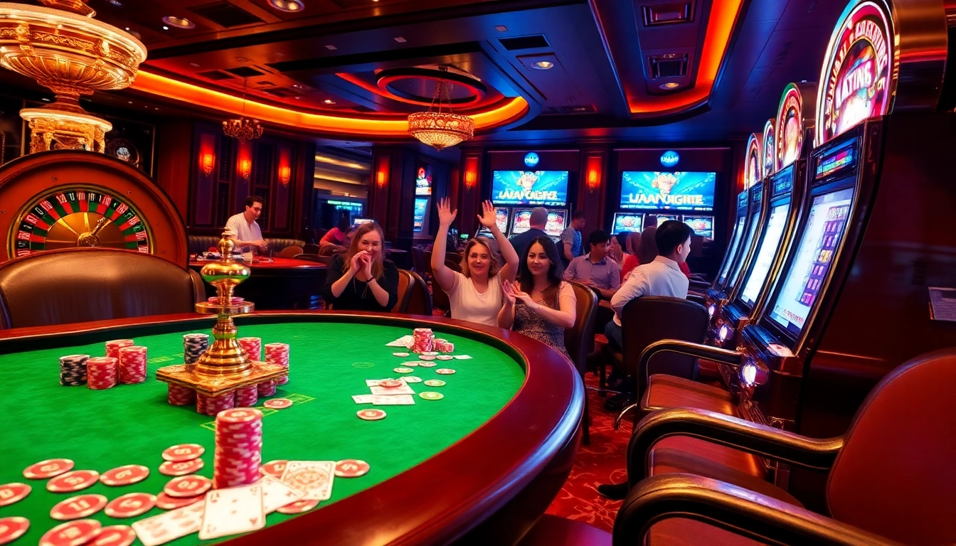 Players celebrating a jackpot win at tg88. com, featuring luxurious casino elements like poker chips and roulette wheel.