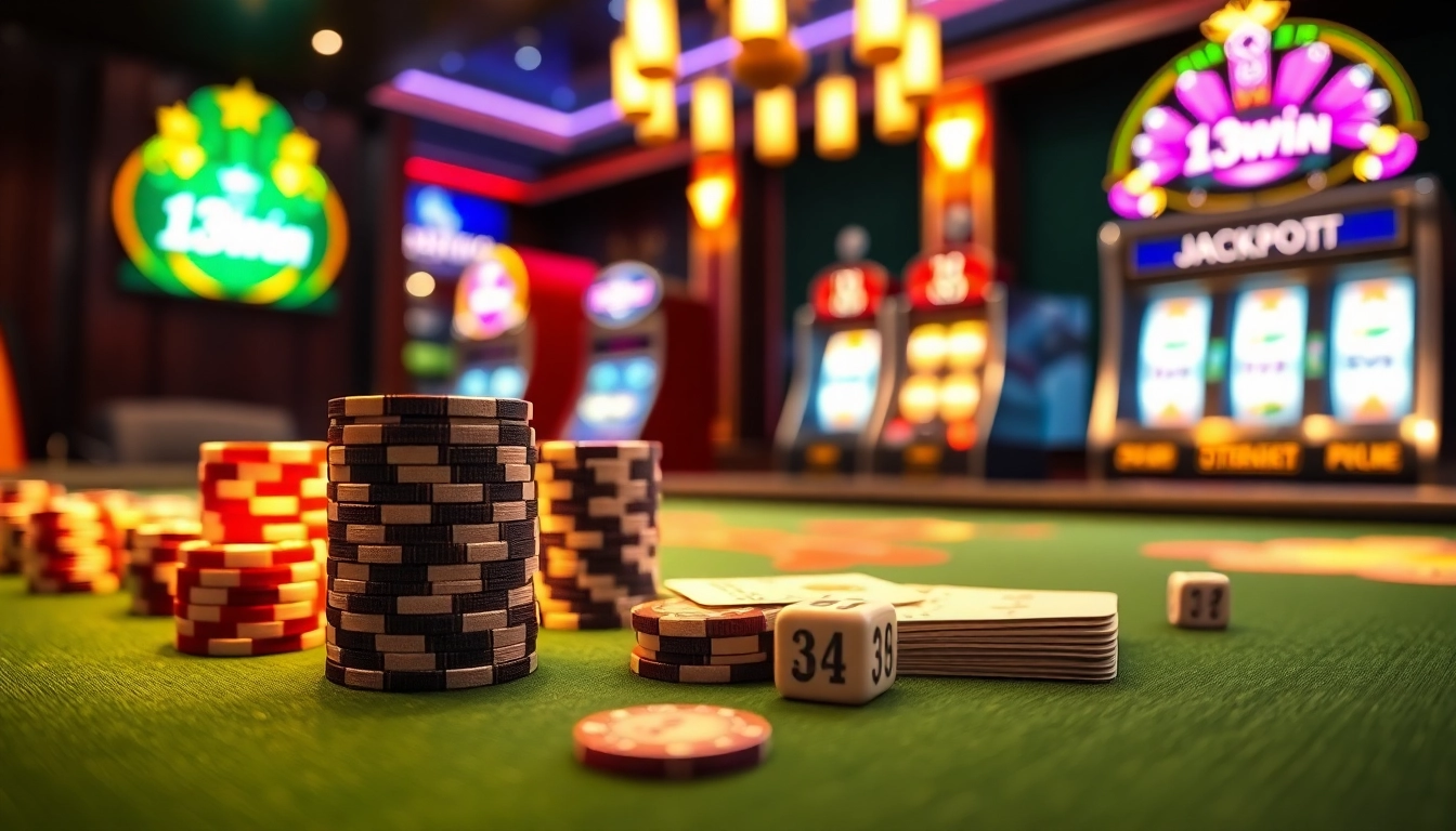 Experience the thrill of winning at 13Win's luxurious casino, with vibrant gaming elements and excitement in the air.