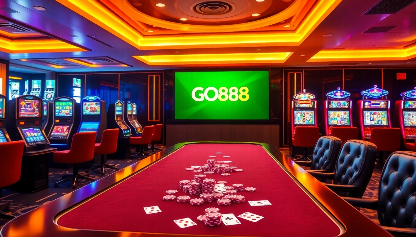 Intense gameplay at Nhà Cái GO88 casino, showcasing exciting slot machines and poker chips.