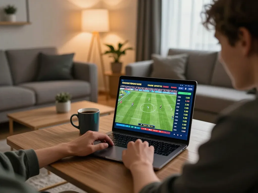 Engaging scene showing a user xem tỷ số bongdalu while placing sports bets online at home, focused expression and cozy atmosphere.