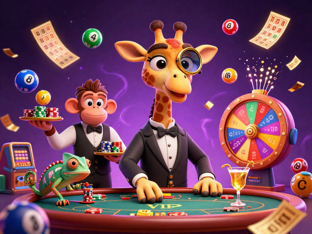 Engage with game bài đổi thưởng featuring a high-roller giraffe at a poker table, surrounded by vibrant gaming elements.