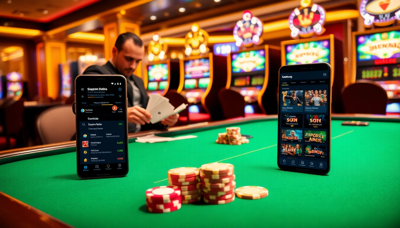 Engage with S8's vibrant casino atmosphere filled with professional gaming tables and smartphone betting.
