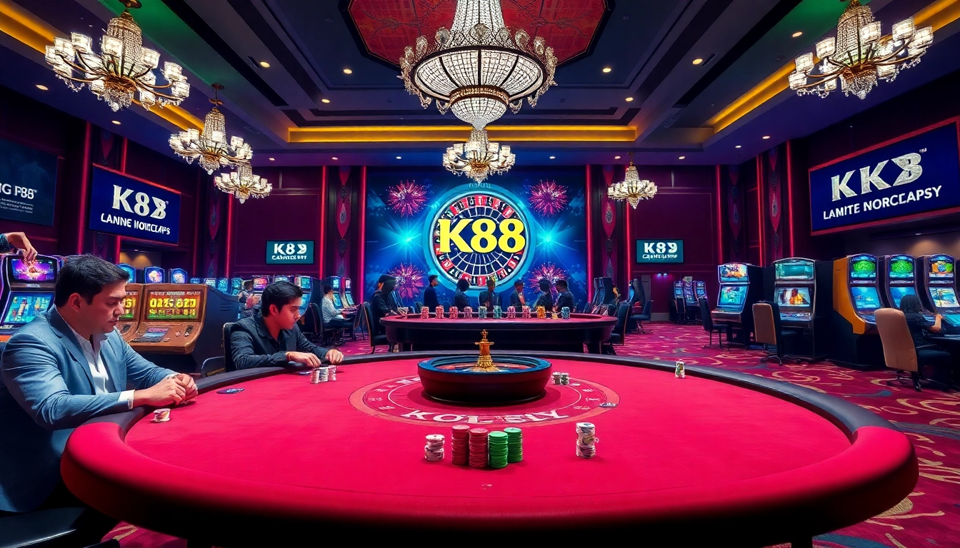 K88 offers an exciting casino experience with players at a vibrant poker table focused on winning.