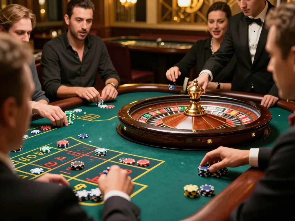 Players engaging in strategic betting at the SC88 roulette table in a luxurious casino atmosphere.