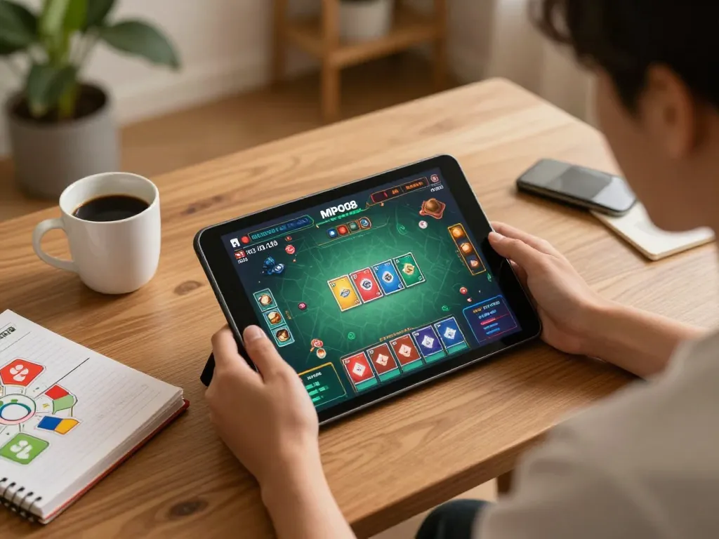 MPO08 player enjoying a thrilling online gaming session with a card game displayed on the tablet.