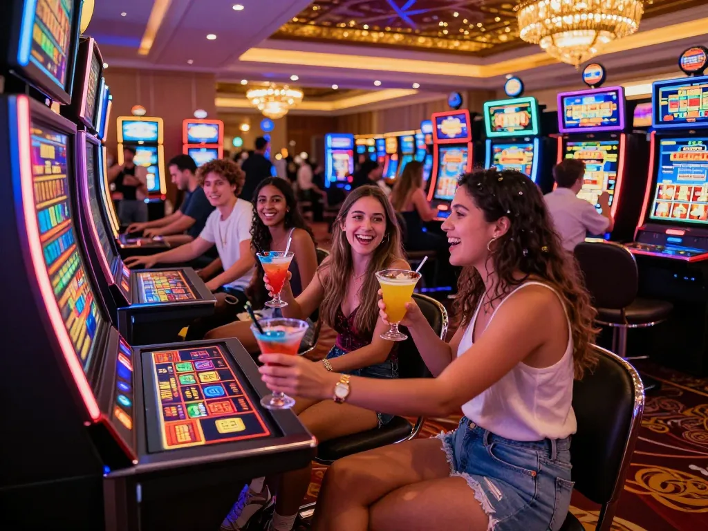 Group celebrating a win at sunwin20 slot machine in a lively casino atmosphere.