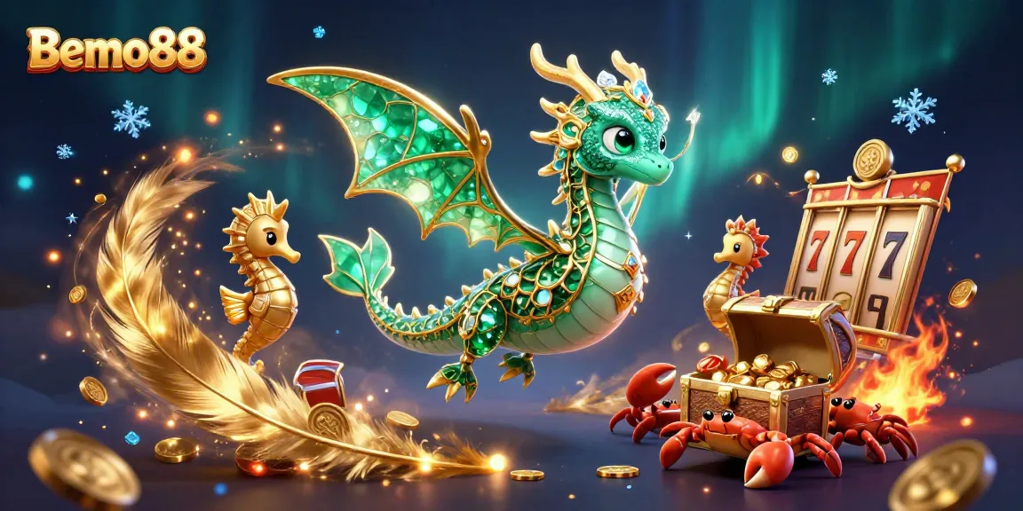 Bemo88 showcases vibrant casino elements with a sea dragon and treasures, highlighting gaming excitement.