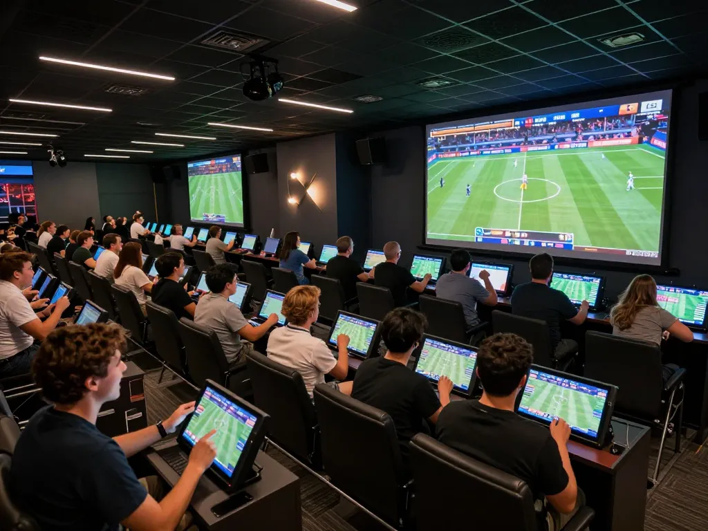 Tỷ lệ kèo nhà cái 5 displayed on multiple screens in a lively sports betting arena with engaged bettors