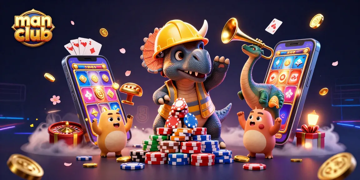 Man club scene featuring animated dinosaurs and vibrant casino game elements.