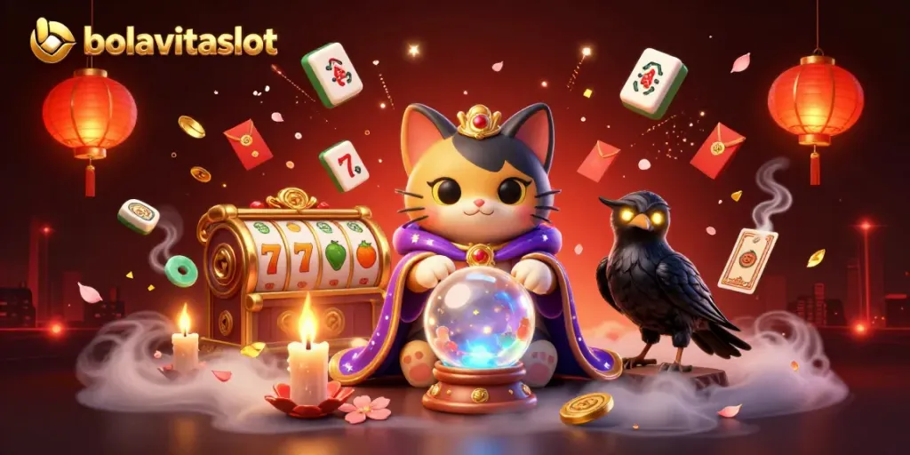 Experience thrilling jackpots with bolavitaslot's vibrant slot-themed 3D illustration featuring mystical characters.