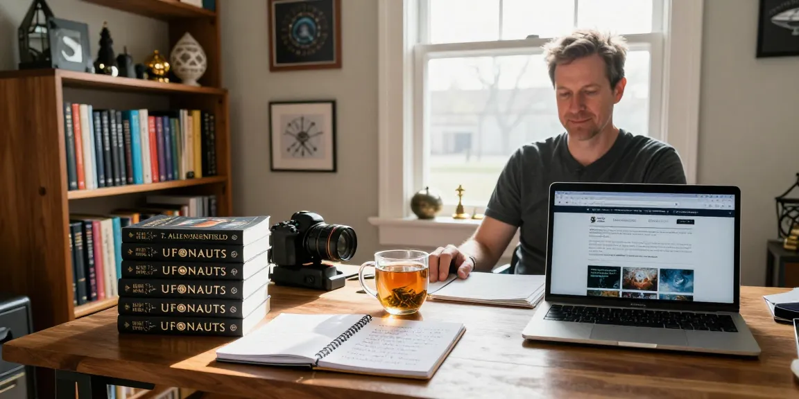 T. Allen Greenfield at his workspace with books and notes from https://tallengreenfield.com, showcasing a cozy writing environment.