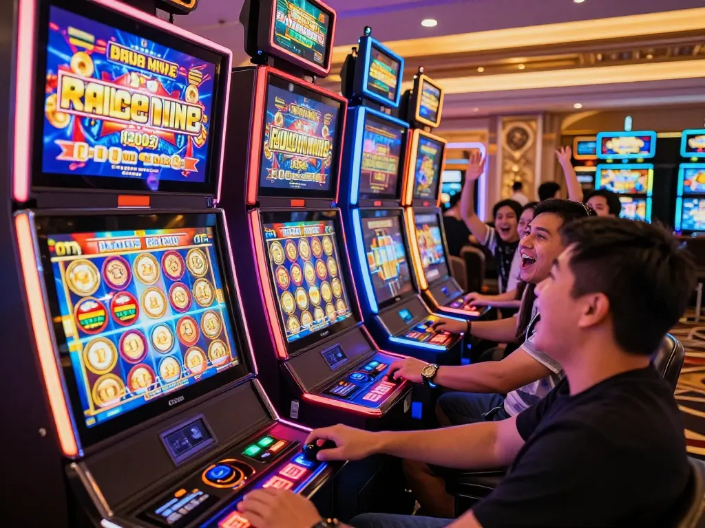 Players celebrating wins on vibrant situs slot machines in a modern casino environment.